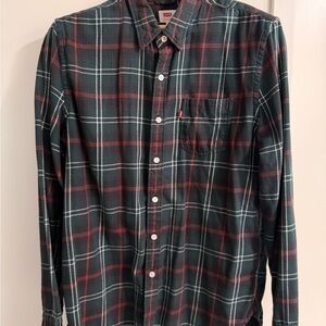 Levi's Men's Dark Green and Red Flannel Plaid Shirt